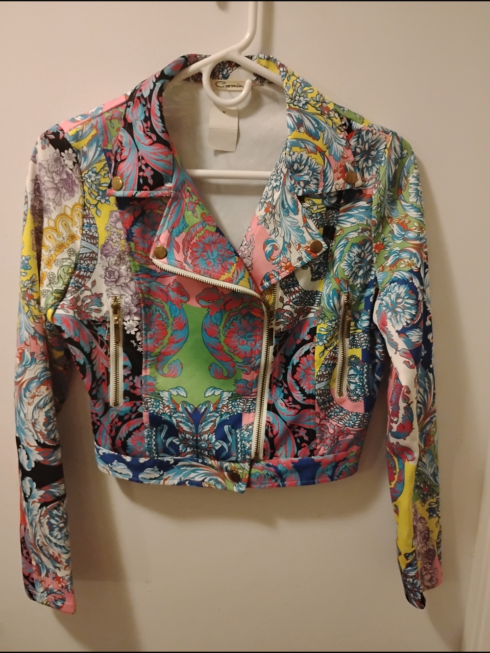 Carmin Multicolor Printed Crop Moto Jacket. Boho Size S/M .Check Measurements